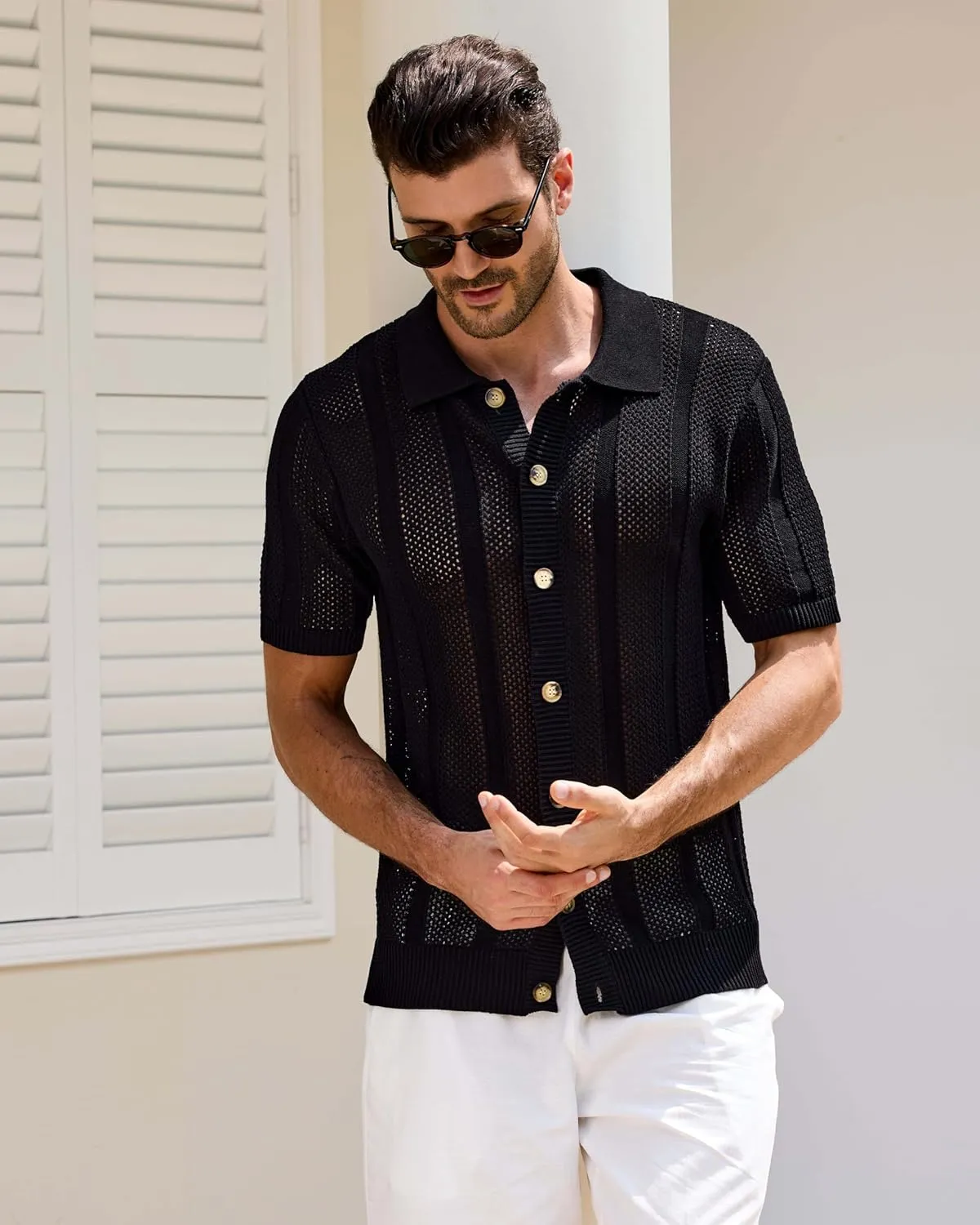 Kallspin Men's Knit Button Down Shirt Short Sleeve Textured Cotton Open Knit Short Sleeve Polo Casual Style