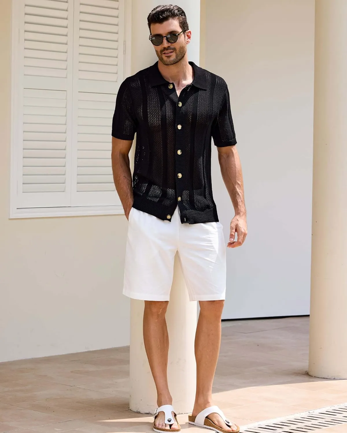 Kallspin Men's Knit Button Down Shirt Short Sleeve Textured Cotton Open Knit Short Sleeve Polo Casual Style