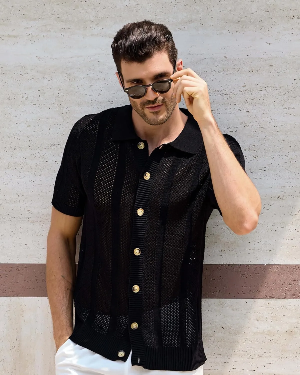 Kallspin Men's Knit Button Down Shirt Short Sleeve Textured Cotton Open Knit Short Sleeve Polo Casual Style