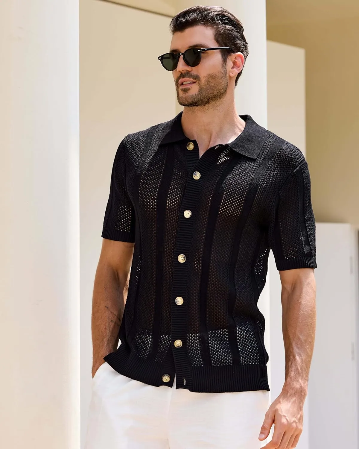 Kallspin Men's Knit Button Down Shirt Short Sleeve Textured Cotton Open Knit Short Sleeve Polo Casual Style