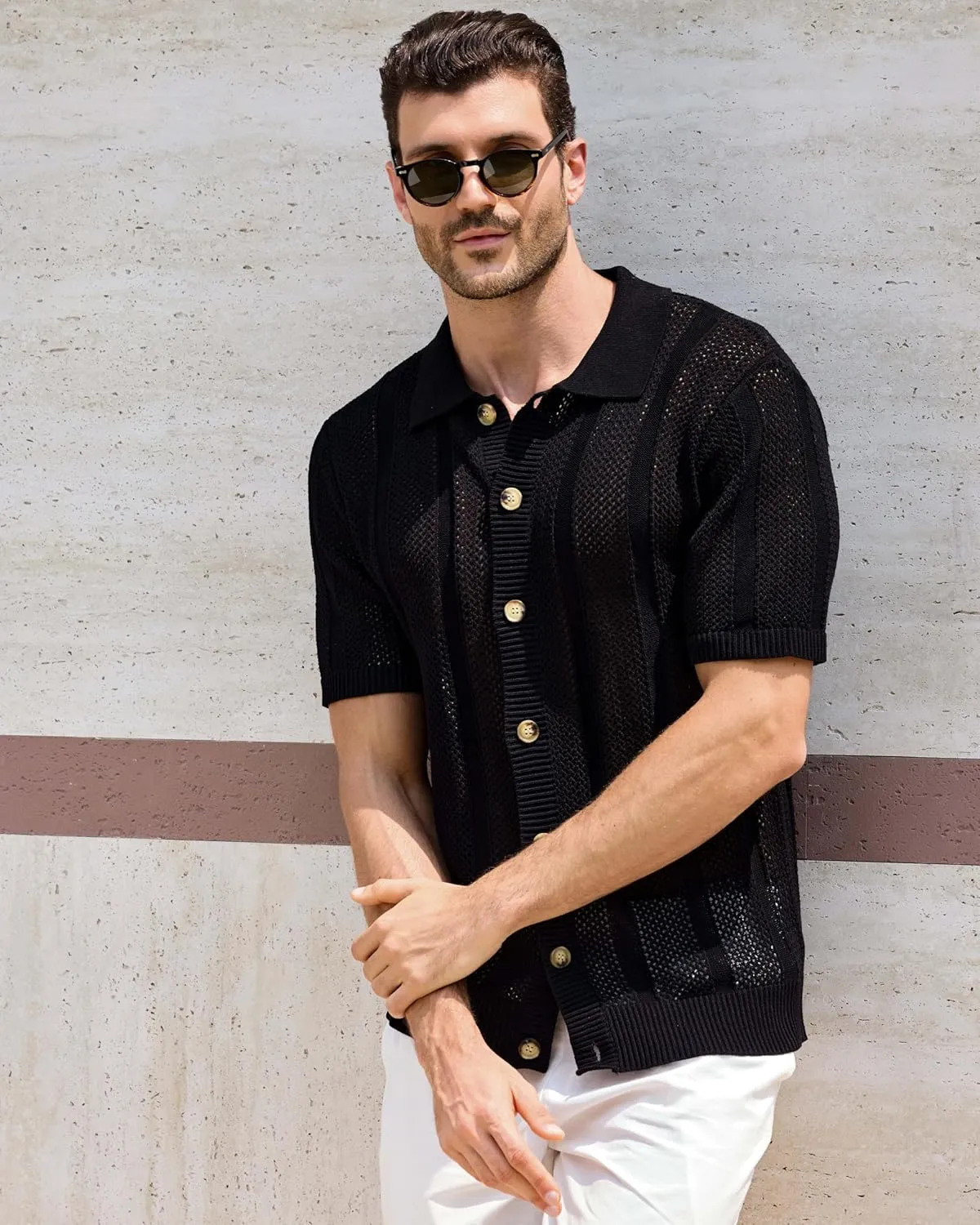 Kallspin Men's Knit Button Down Shirt Short Sleeve Textured Cotton Open Knit Short Sleeve Polo Casual Style