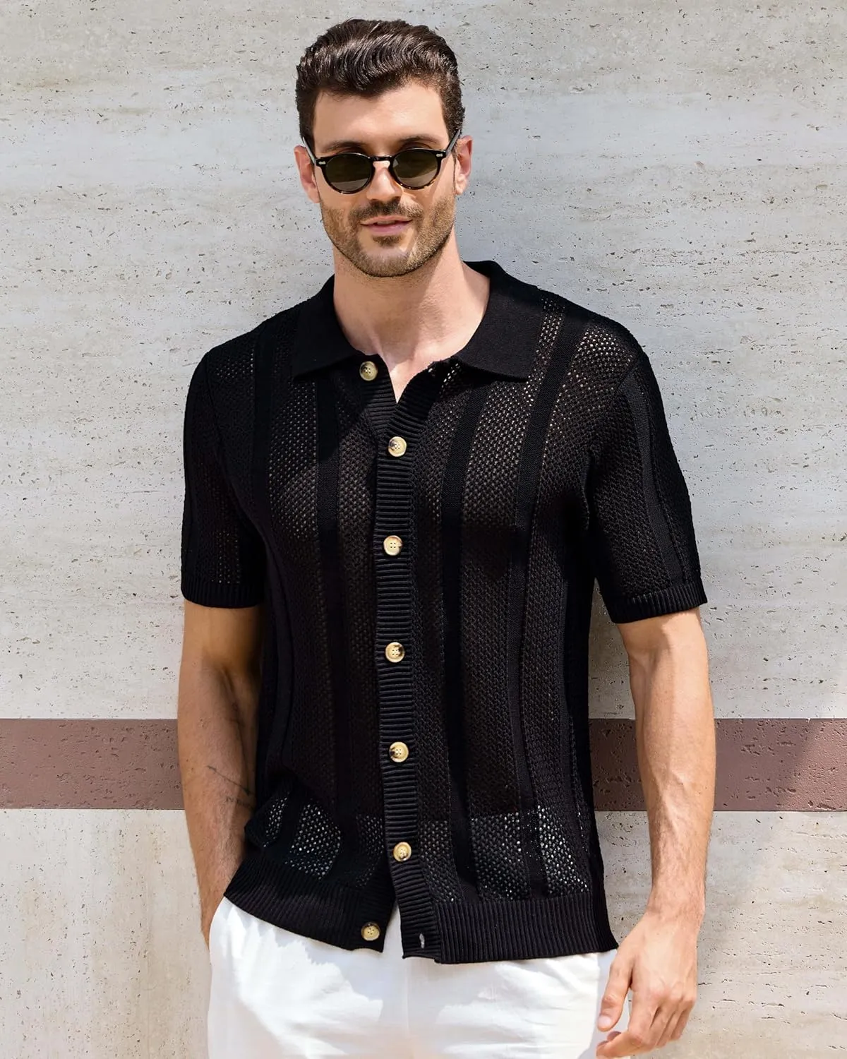 Kallspin Men's Knit Button Down Shirt Short Sleeve Textured Cotton Open Knit Short Sleeve Polo Casual Style