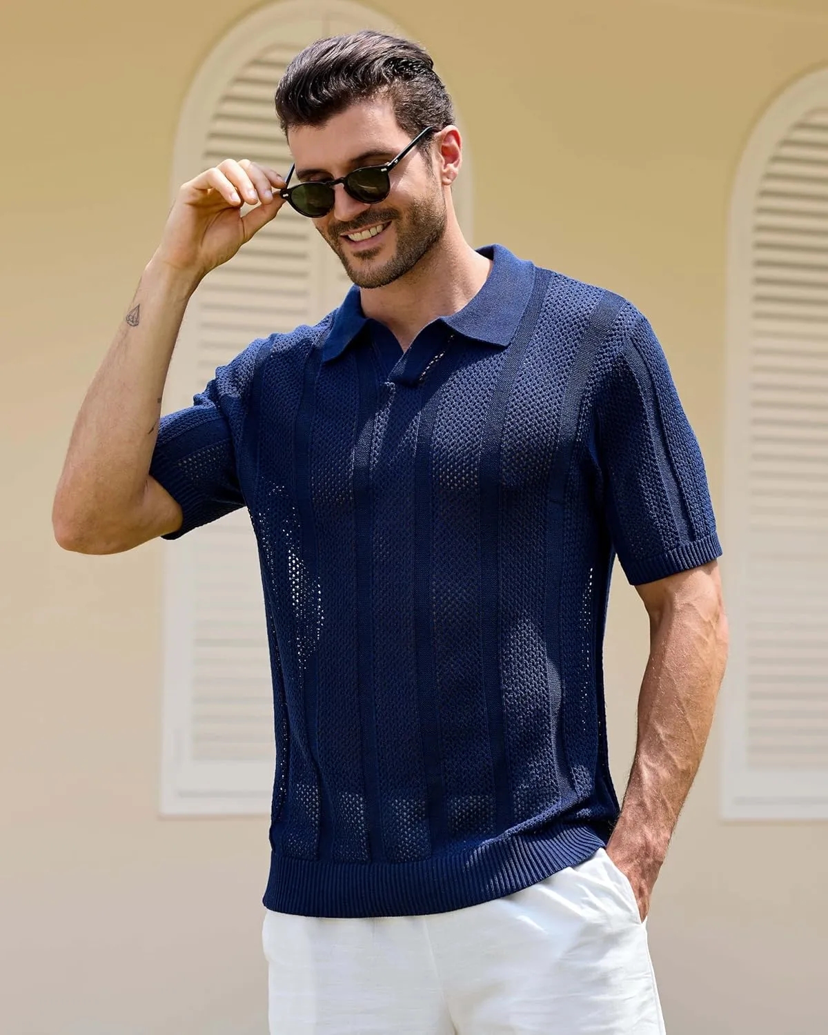 Kallspin Men's Knit Polo Shirt Short Sleeve Textured Knit Polo Lightweight Casual Style Openwork Design