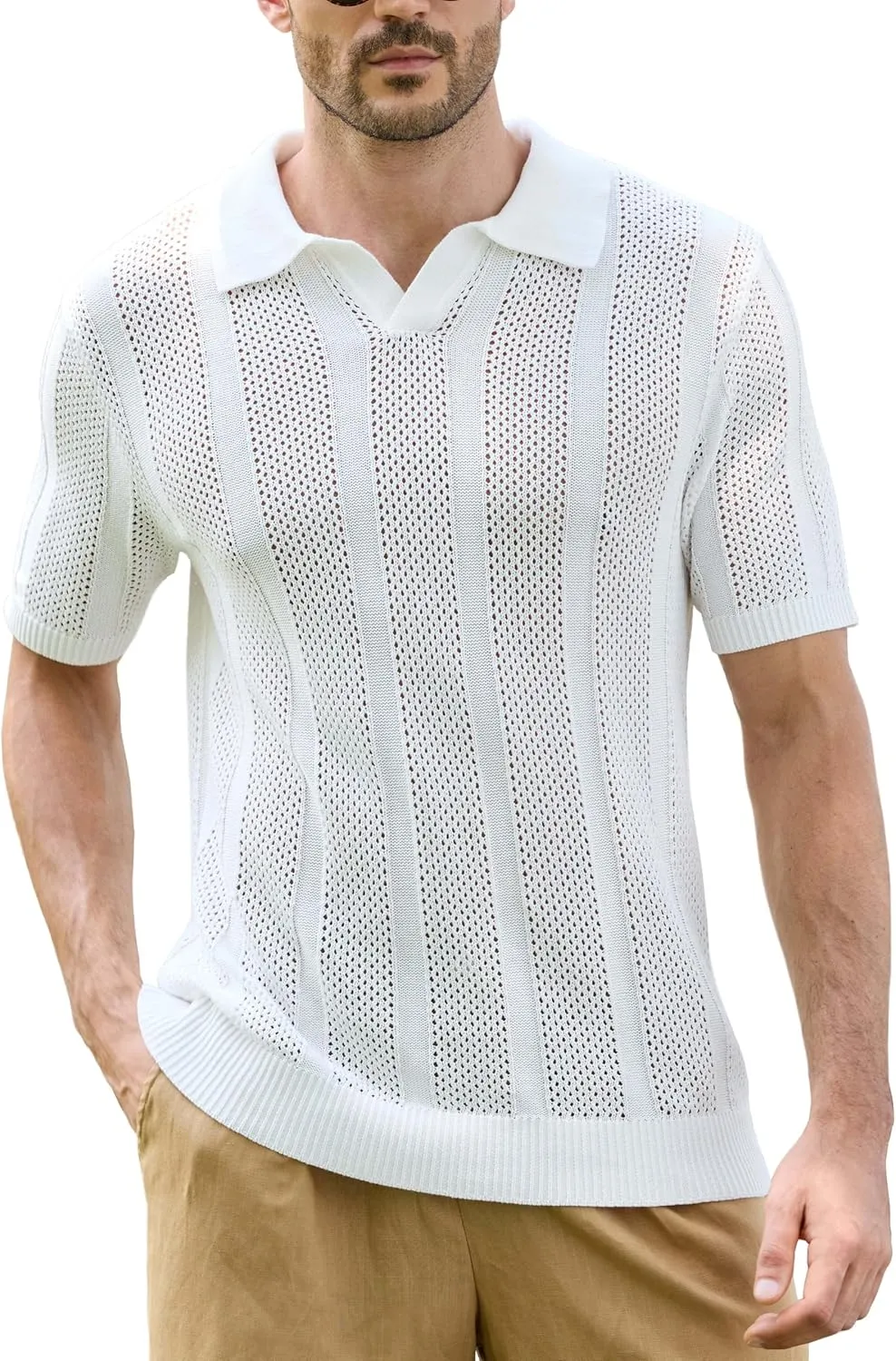 Kallspin Men's Knit Polo Shirt Short Sleeve Textured Knit Polo Lightweight Casual Style Openwork Design