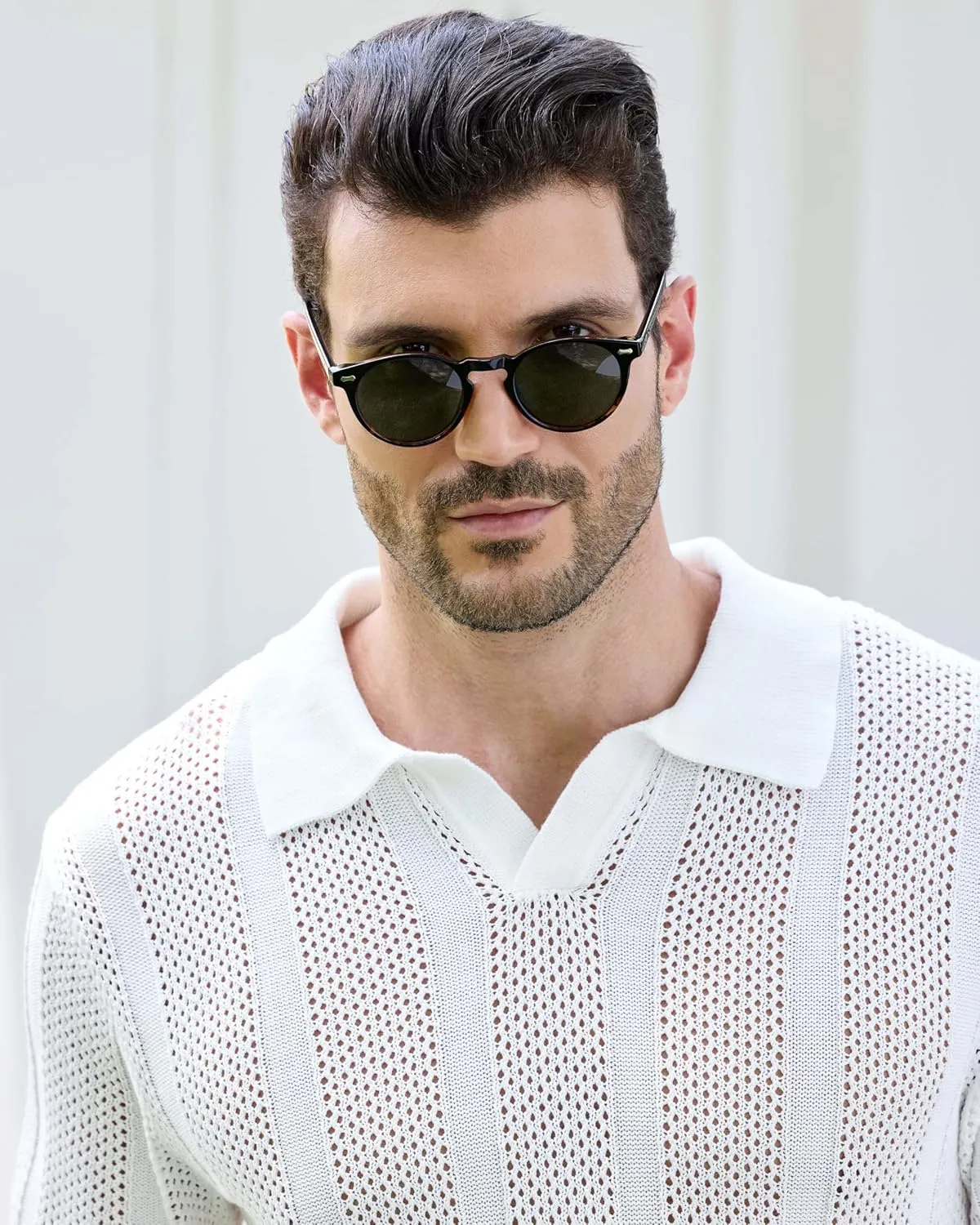 Kallspin Men's Knit Polo Shirt Short Sleeve Textured Knit Polo Lightweight Casual Style Openwork Design