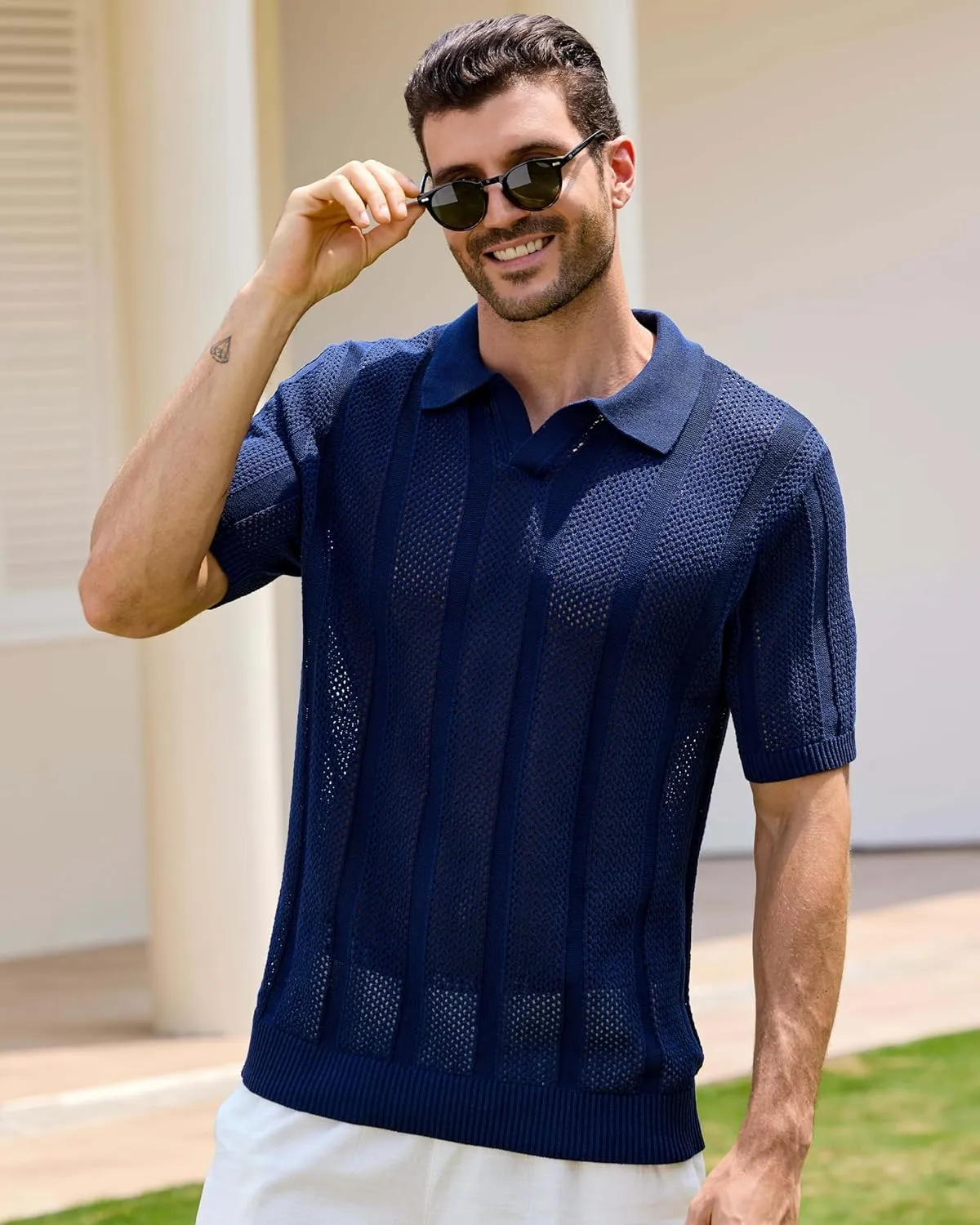 Kallspin Men's Knit Polo Shirt Short Sleeve Textured Knit Polo Lightweight Casual Style Openwork Design