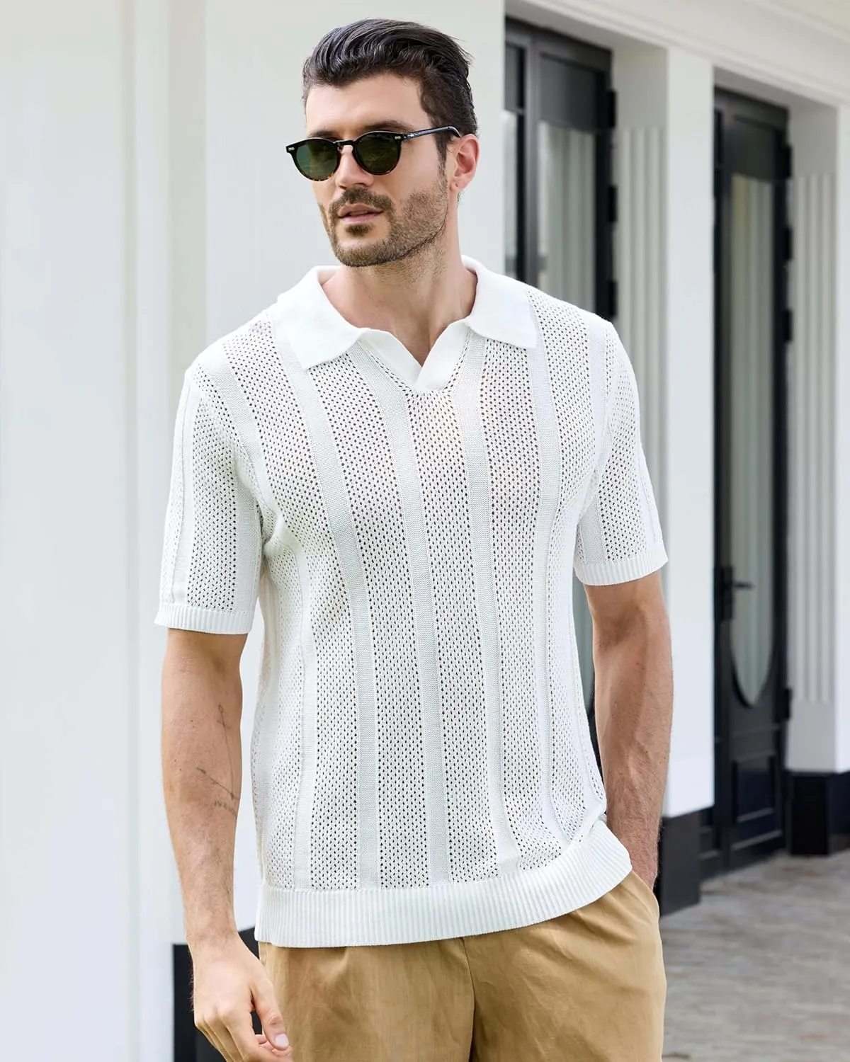 Kallspin Men's Knit Polo Shirt Short Sleeve Textured Knit Polo Lightweight Casual Style Openwork Design