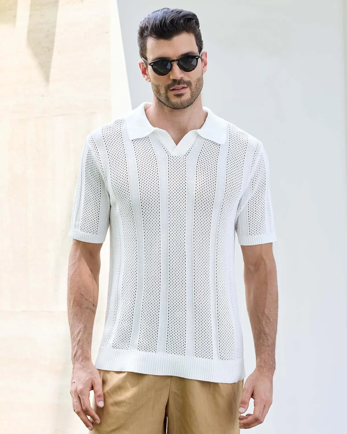 Kallspin Men's Knit Polo Shirt Short Sleeve Textured Knit Polo Lightweight Casual Style Openwork Design