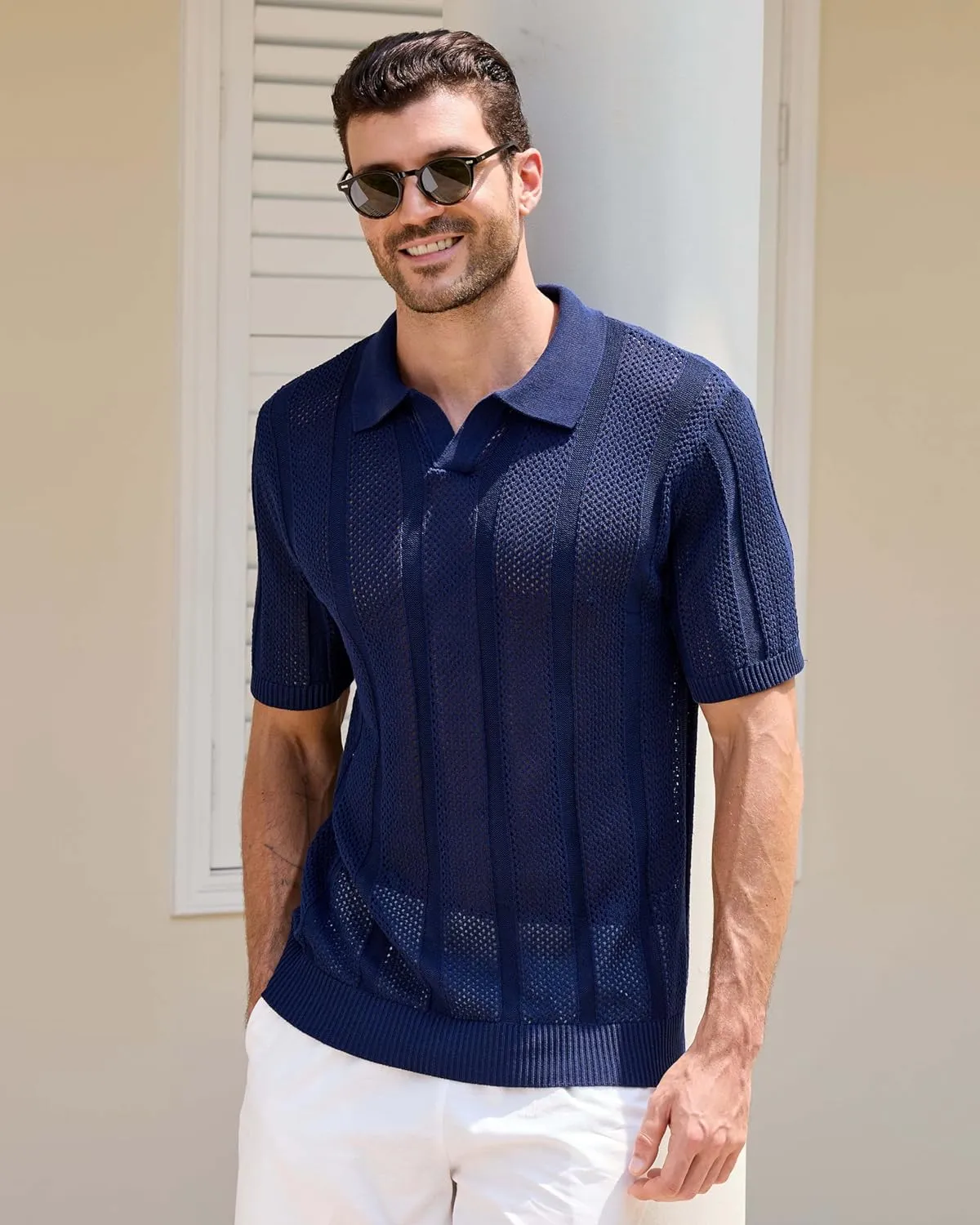 Kallspin Men's Knit Polo Shirt Short Sleeve Textured Knit Polo Lightweight Casual Style Openwork Design
