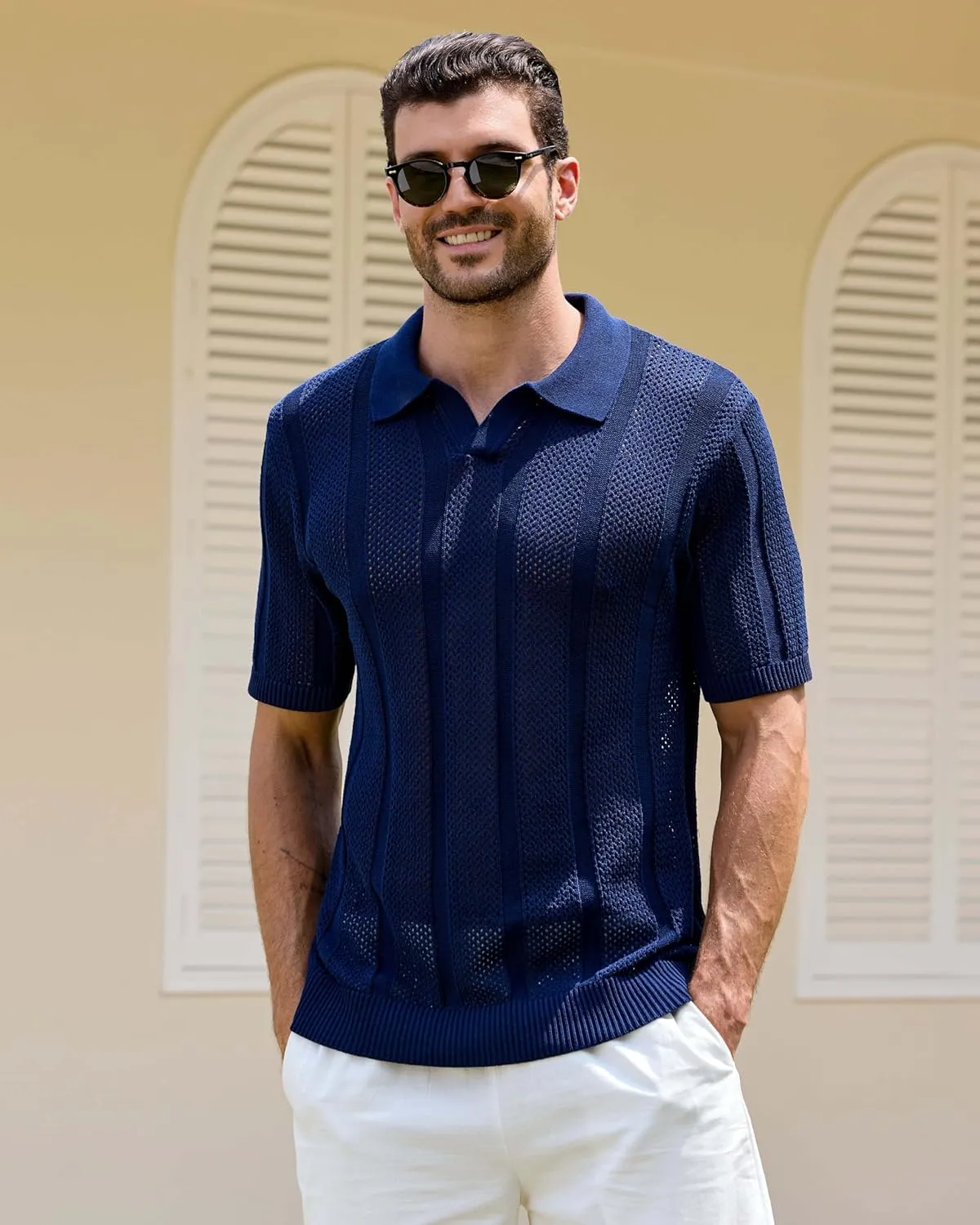 Kallspin Men's Knit Polo Shirt Short Sleeve Textured Knit Polo Lightweight Casual Style Openwork Design