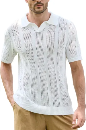 Kallspin Men's Knit Polo Shirt Short Sleeve Textured Knit Polo Lightweight Casual Style Openwork Design