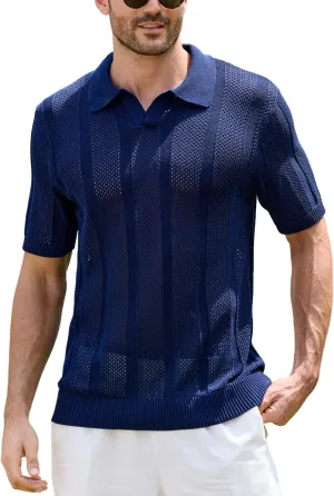 Kallspin Men's Knit Polo Shirt Short Sleeve Textured Knit Polo Lightweight Casual Style Openwork Design