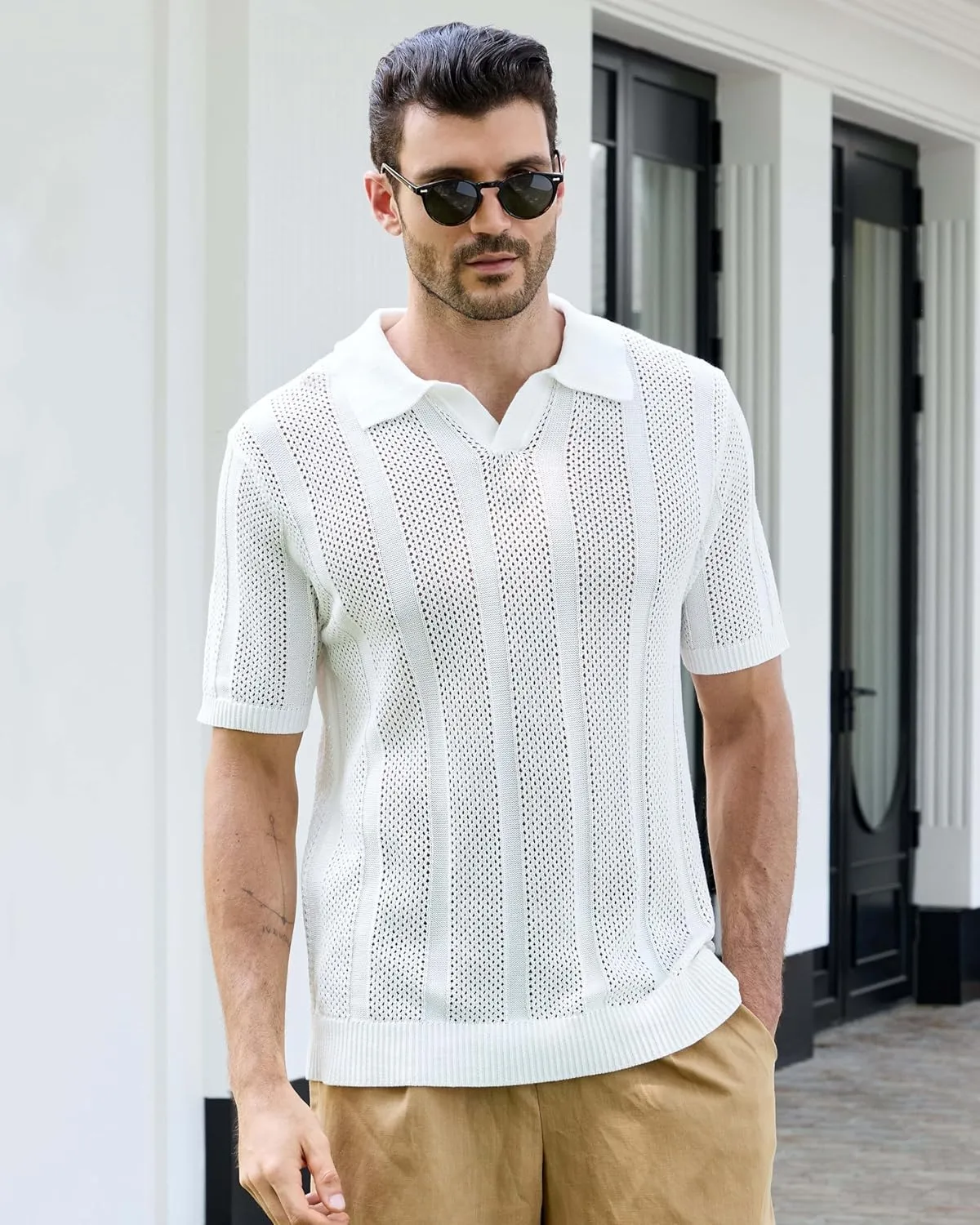 Kallspin Men's Knit Polo Shirt Short Sleeve Textured Knit Polo Lightweight Casual Style Openwork Design