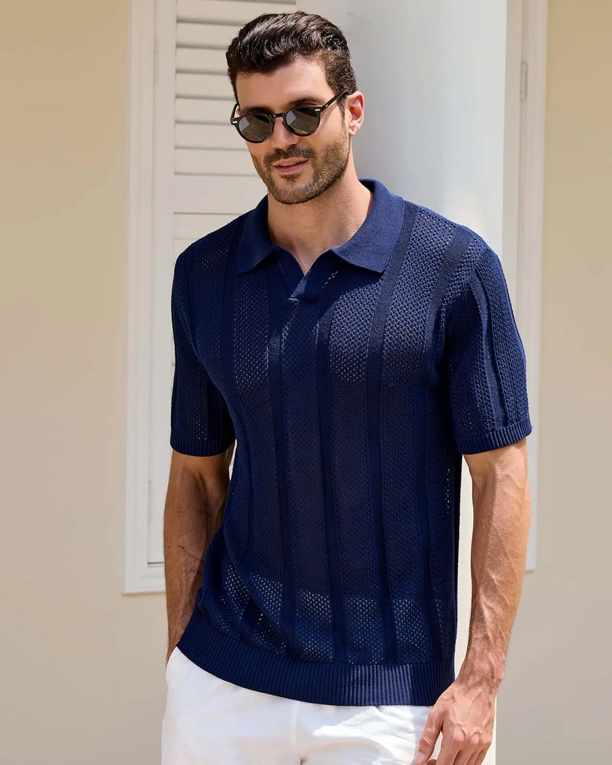 Kallspin Men's Knit Polo Shirt Short Sleeve Textured Knit Polo Lightweight Casual Style Openwork Design