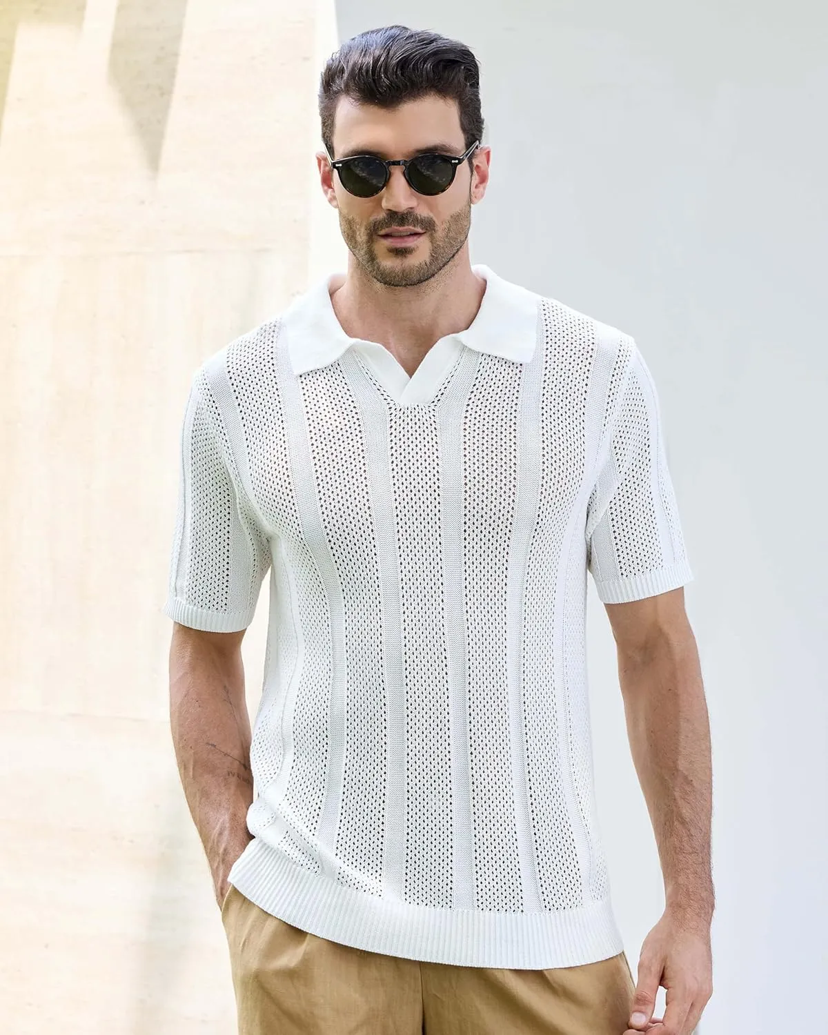 Kallspin Men's Knit Polo Shirt Short Sleeve Textured Knit Polo Lightweight Casual Style Openwork Design