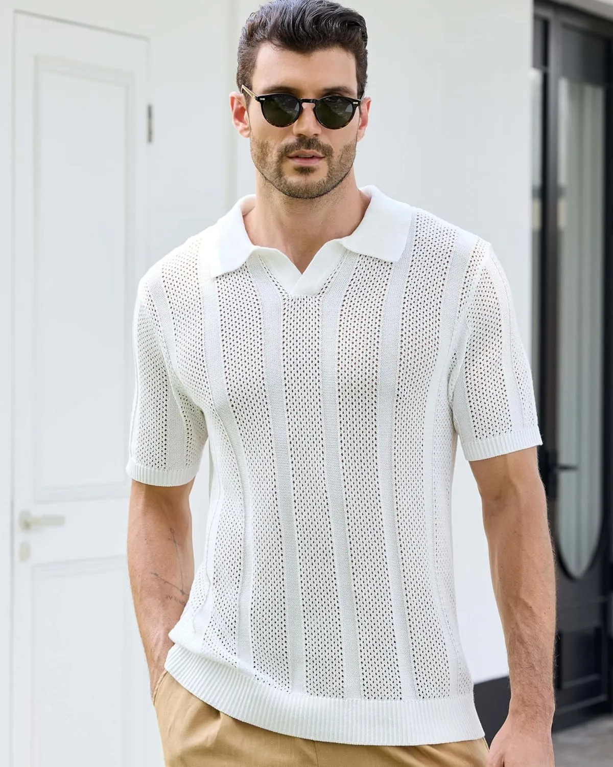 Kallspin Men's Knit Polo Shirt Short Sleeve Textured Knit Polo Lightweight Casual Style Openwork Design