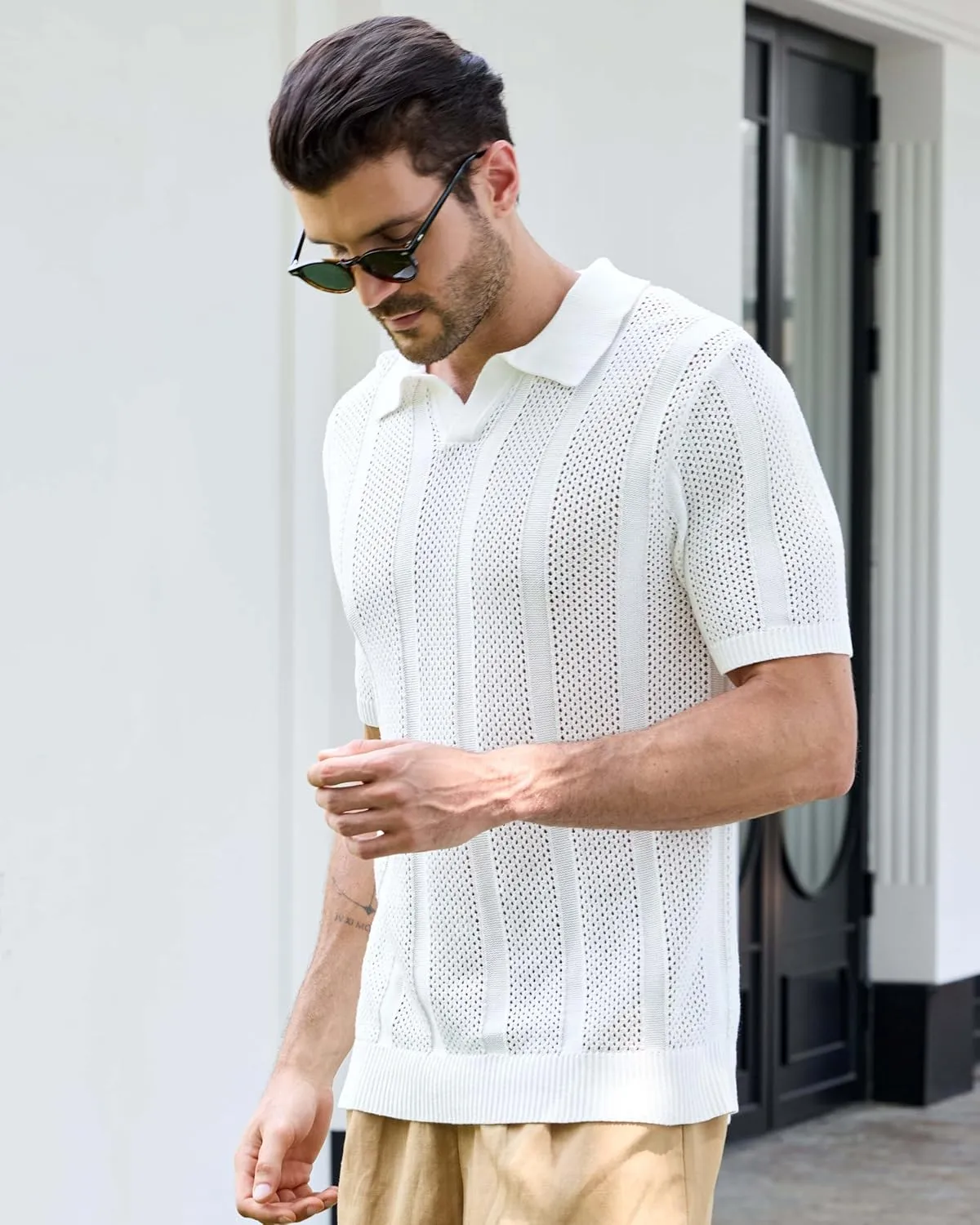 Kallspin Men's Knit Polo Shirt Short Sleeve Textured Knit Polo Lightweight Casual Style Openwork Design