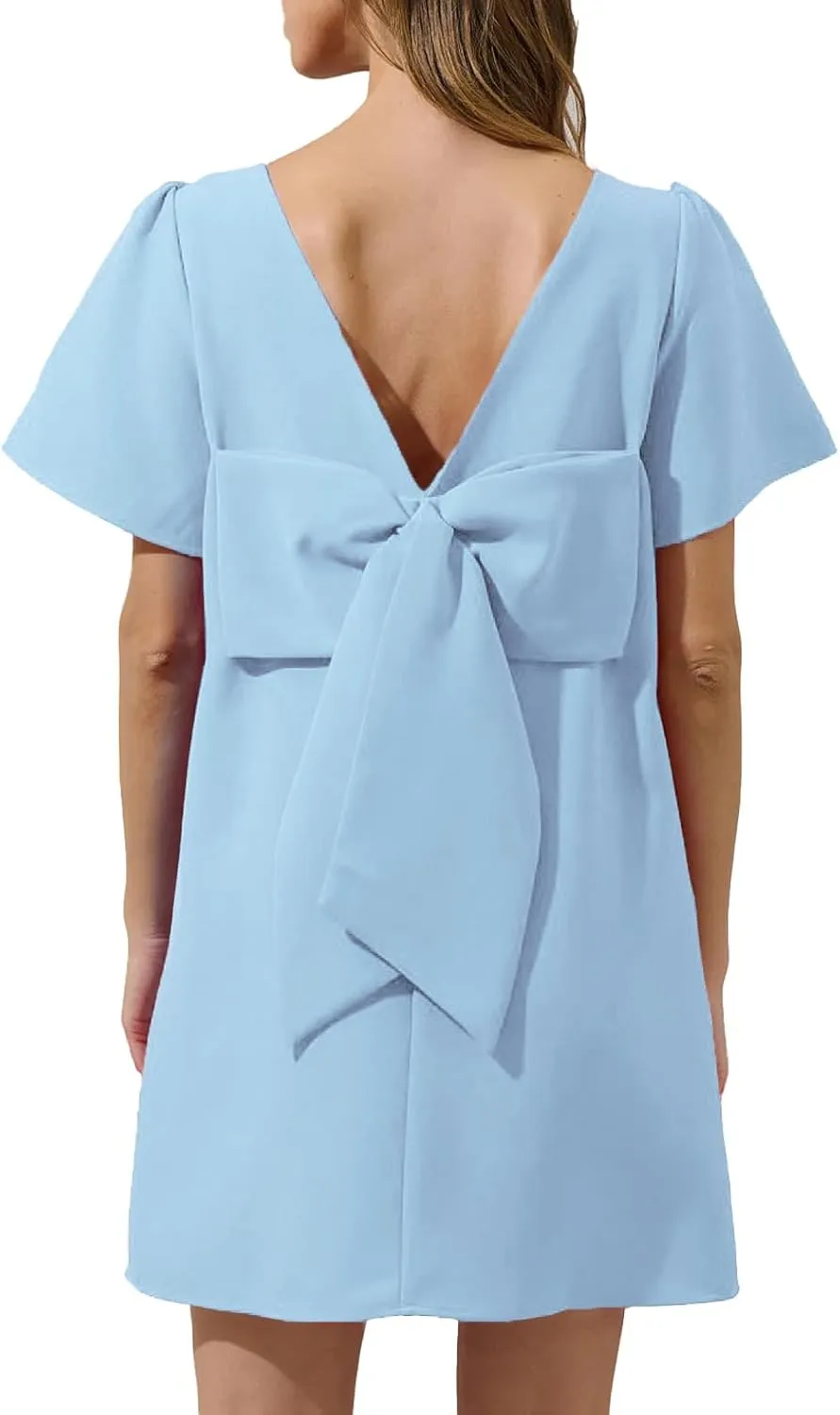 Kedera Women's Casual Mini Bow Crew Neck Short Sleeves Loose Dresses Swing Solid Shift Dress with Pockets