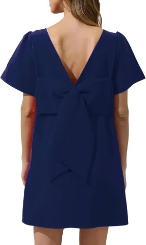 Kedera Women's Casual Mini Bow Crew Neck Short Sleeves Loose Dresses Swing Solid Shift Dress with Pockets