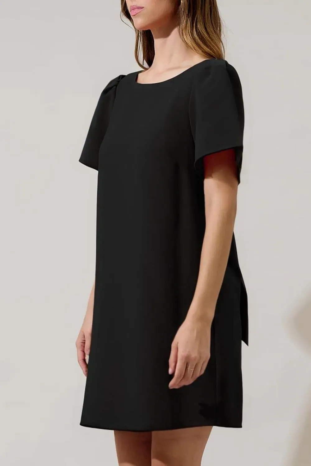 Kedera Women's Casual Mini Bow Crew Neck Short Sleeves Loose Dresses Swing Solid Shift Dress with Pockets