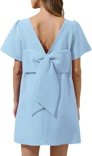 Kedera Women's Casual Mini Bow Crew Neck Short Sleeves Loose Dresses Swing Solid Shift Dress with Pockets