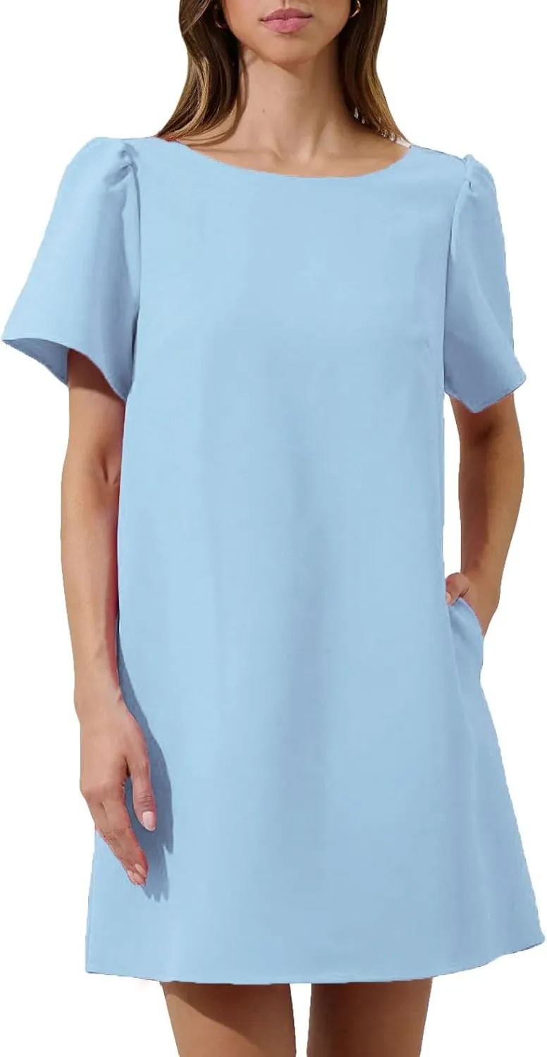 Kedera Women's Casual Mini Bow Crew Neck Short Sleeves Loose Dresses Swing Solid Shift Dress with Pockets