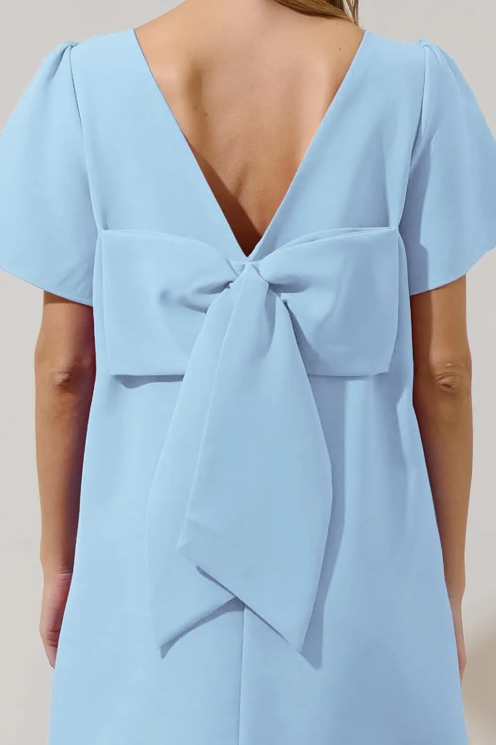 Kedera Women's Casual Mini Bow Crew Neck Short Sleeves Loose Dresses Swing Solid Shift Dress with Pockets