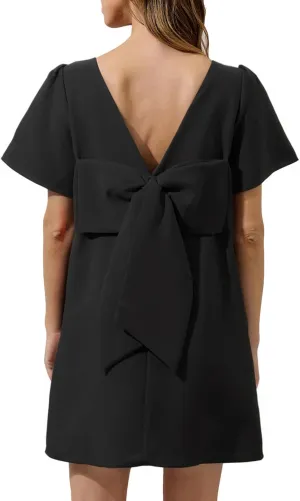 Kedera Women's Casual Mini Bow Crew Neck Short Sleeves Loose Dresses Swing Solid Shift Dress with Pockets