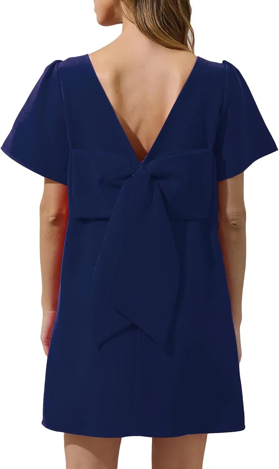 Kedera Women's Casual Mini Bow Crew Neck Short Sleeves Loose Dresses Swing Solid Shift Dress with Pockets