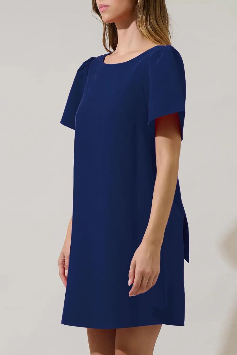 Kedera Women's Casual Mini Bow Crew Neck Short Sleeves Loose Dresses Swing Solid Shift Dress with Pockets