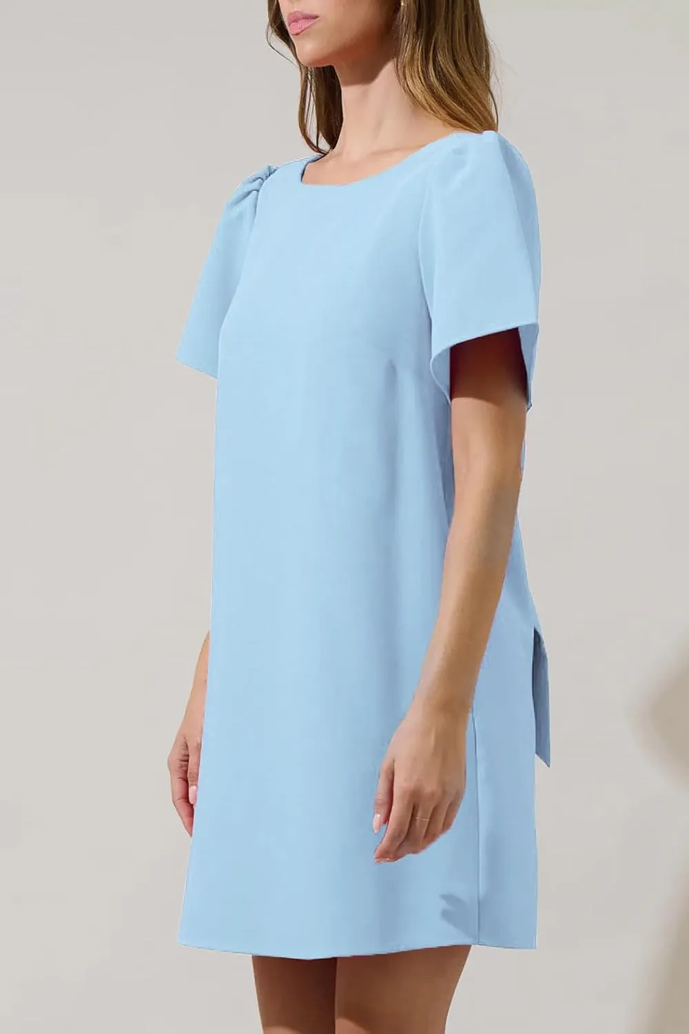 Kedera Women's Casual Mini Bow Crew Neck Short Sleeves Loose Dresses Swing Solid Shift Dress with Pockets
