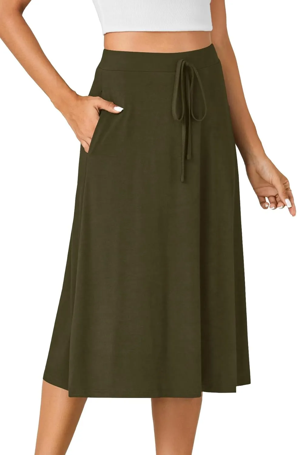 KIFOVEN Women??s Casual High Waist A Line Midi Skirt Flared Drawstring Stretchy Skirt