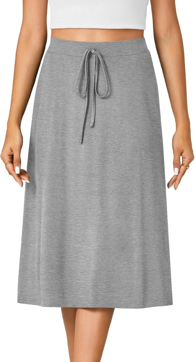 KIFOVEN Womens Casual High Waist A Line Midi Skirt Flared Drawstring Stretchy Skirt