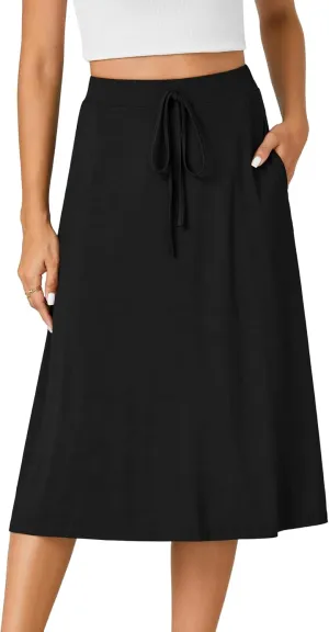 KIFOVEN Womens Casual High Waist A Line Midi Skirt Flared Drawstring Stretchy Skirt