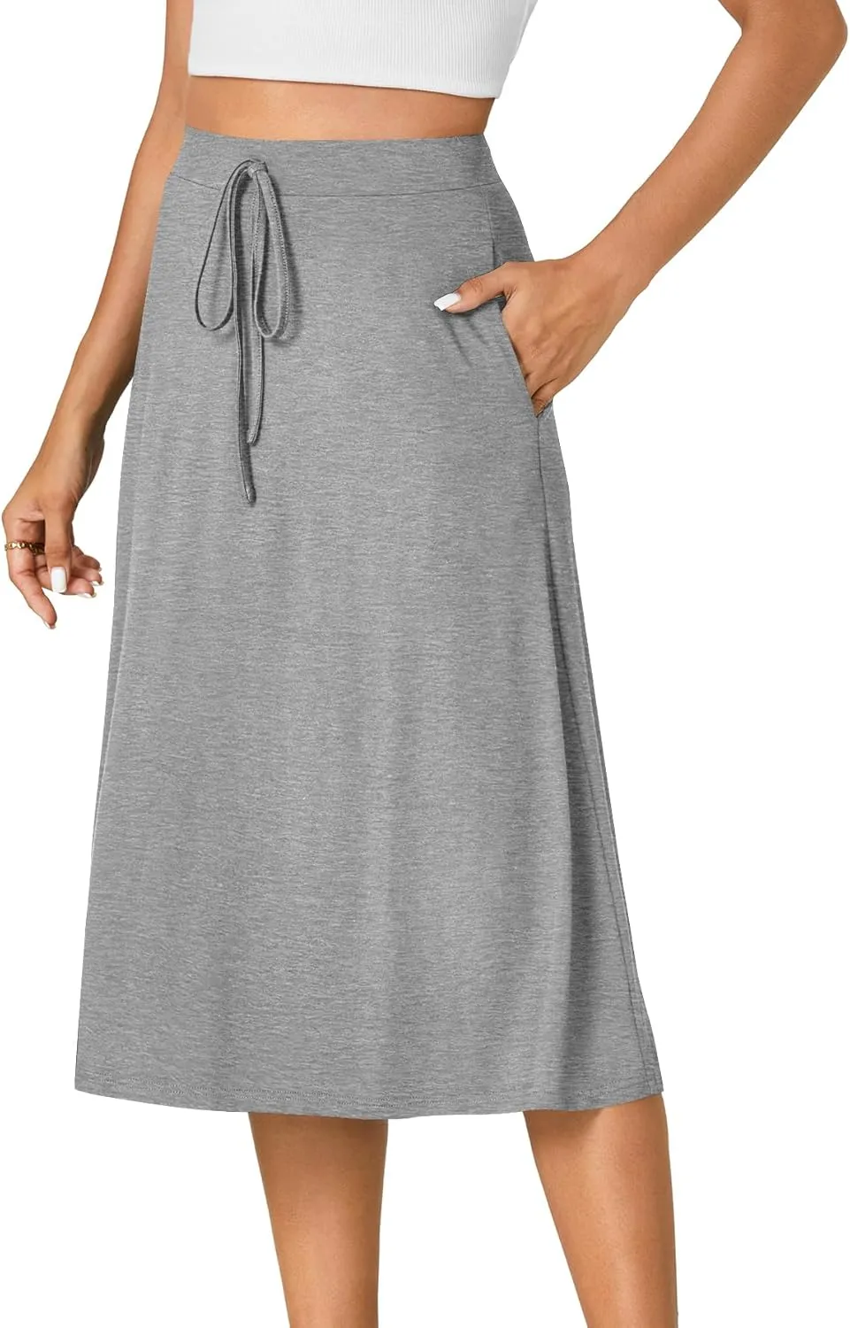 KIFOVEN Womens Casual High Waist A Line Midi Skirt Flared Drawstring Stretchy Skirt