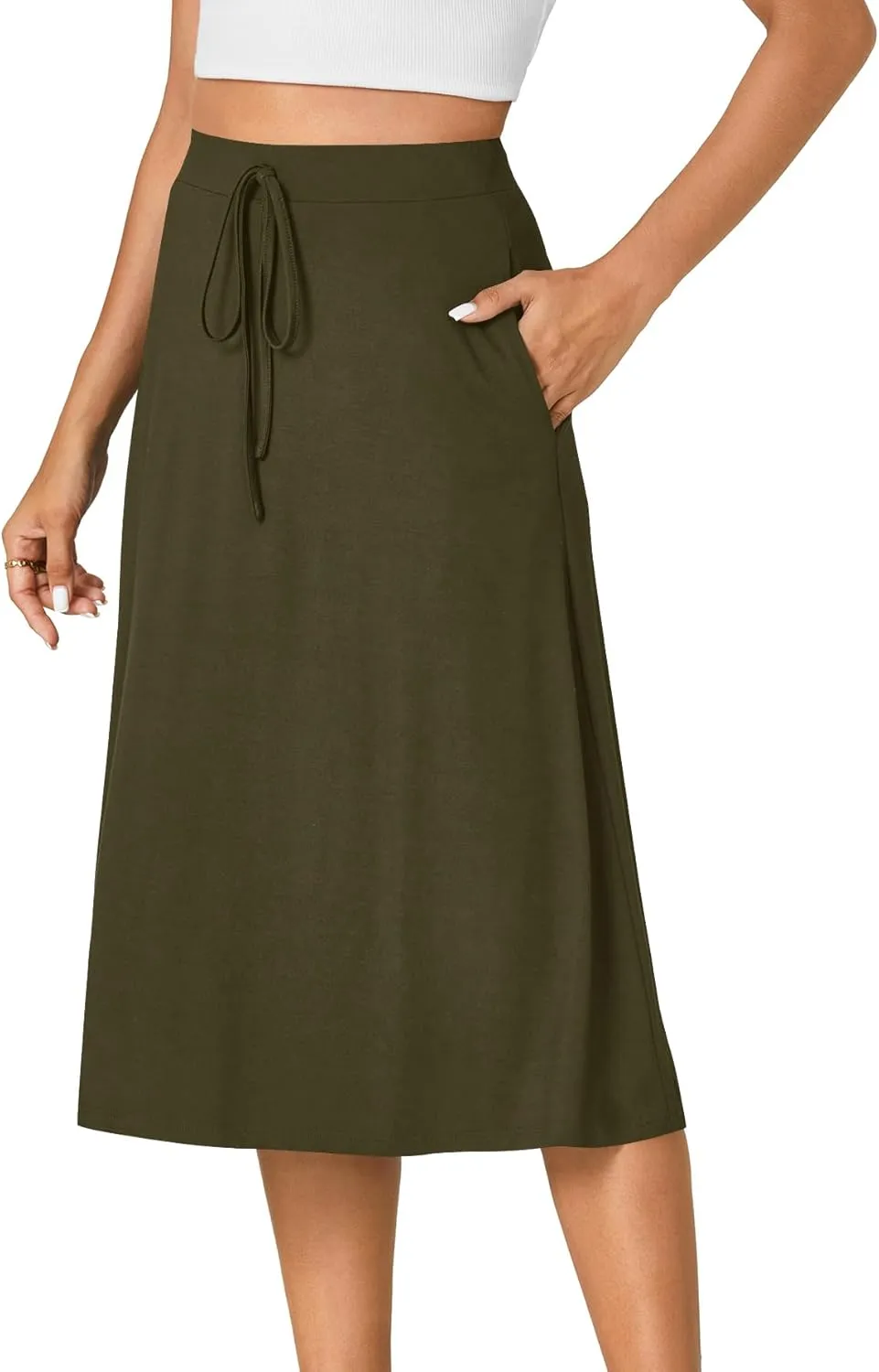 KIFOVEN Women??s Casual High Waist A Line Midi Skirt Flared Drawstring Stretchy Skirt