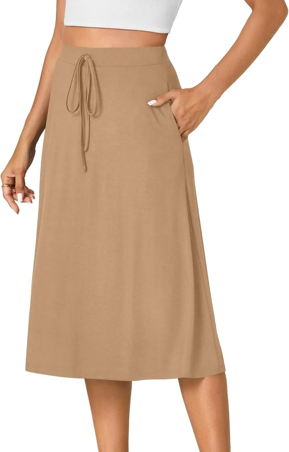 KIFOVEN Womens Casual High Waist A Line Midi Skirt Flared Drawstring Stretchy Skirt