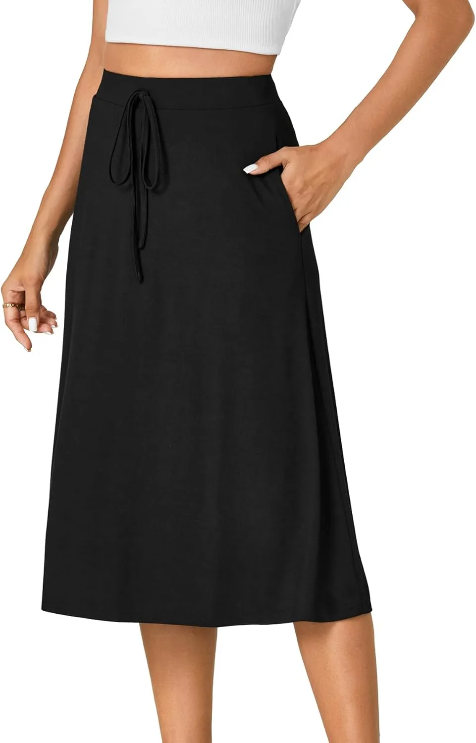 KIFOVEN Womens Casual High Waist A Line Midi Skirt Flared Drawstring Stretchy Skirt