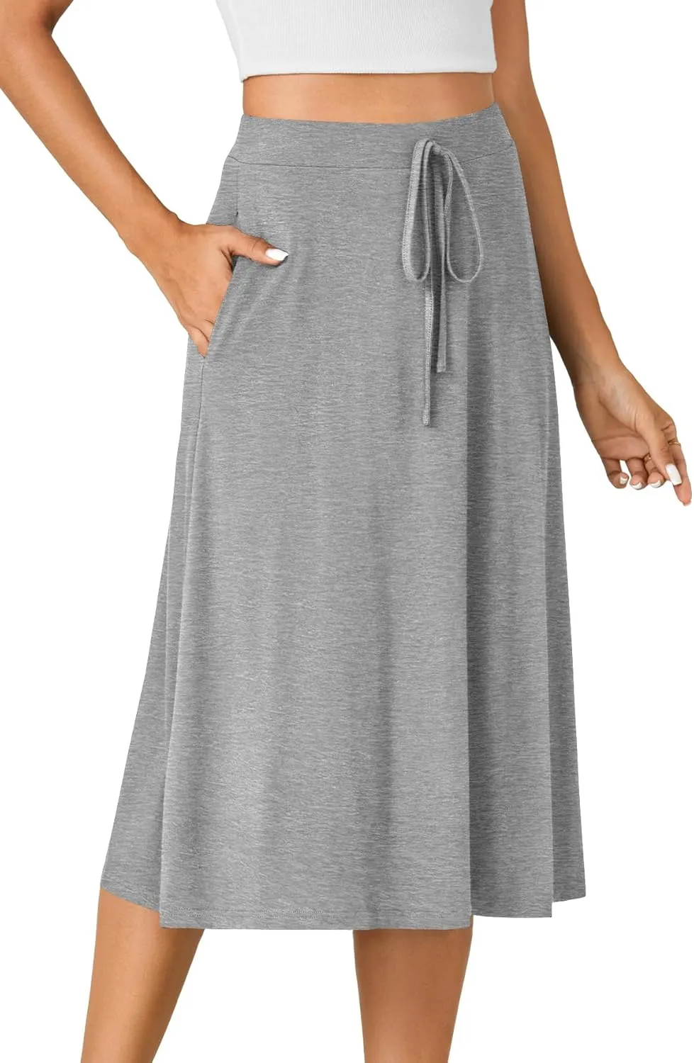 KIFOVEN Womens Casual High Waist A Line Midi Skirt Flared Drawstring Stretchy Skirt