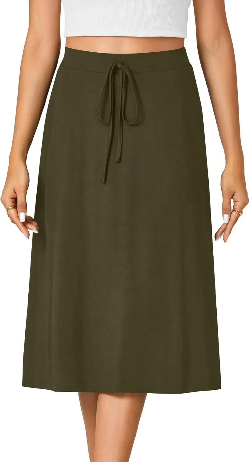 KIFOVEN Women??s Casual High Waist A Line Midi Skirt Flared Drawstring Stretchy Skirt