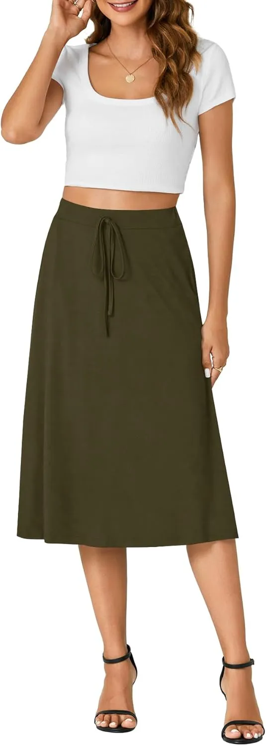 KIFOVEN Women??s Casual High Waist A Line Midi Skirt Flared Drawstring Stretchy Skirt