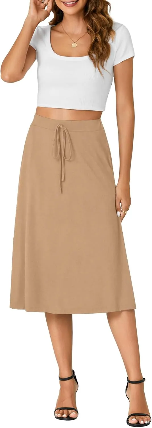 KIFOVEN Womens Casual High Waist A Line Midi Skirt Flared Drawstring Stretchy Skirt