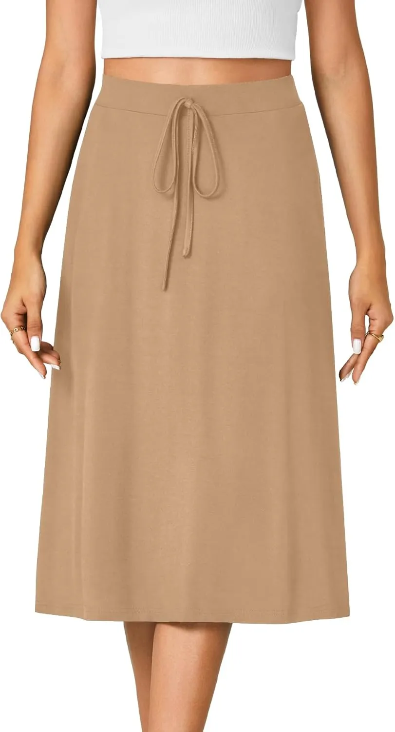 KIFOVEN Womens Casual High Waist A Line Midi Skirt Flared Drawstring Stretchy Skirt