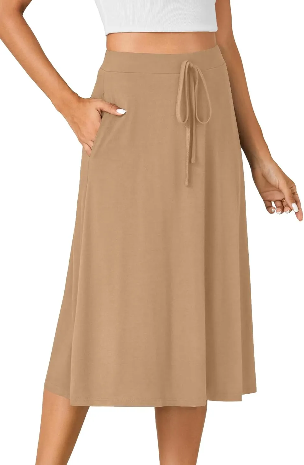 KIFOVEN Womens Casual High Waist A Line Midi Skirt Flared Drawstring Stretchy Skirt