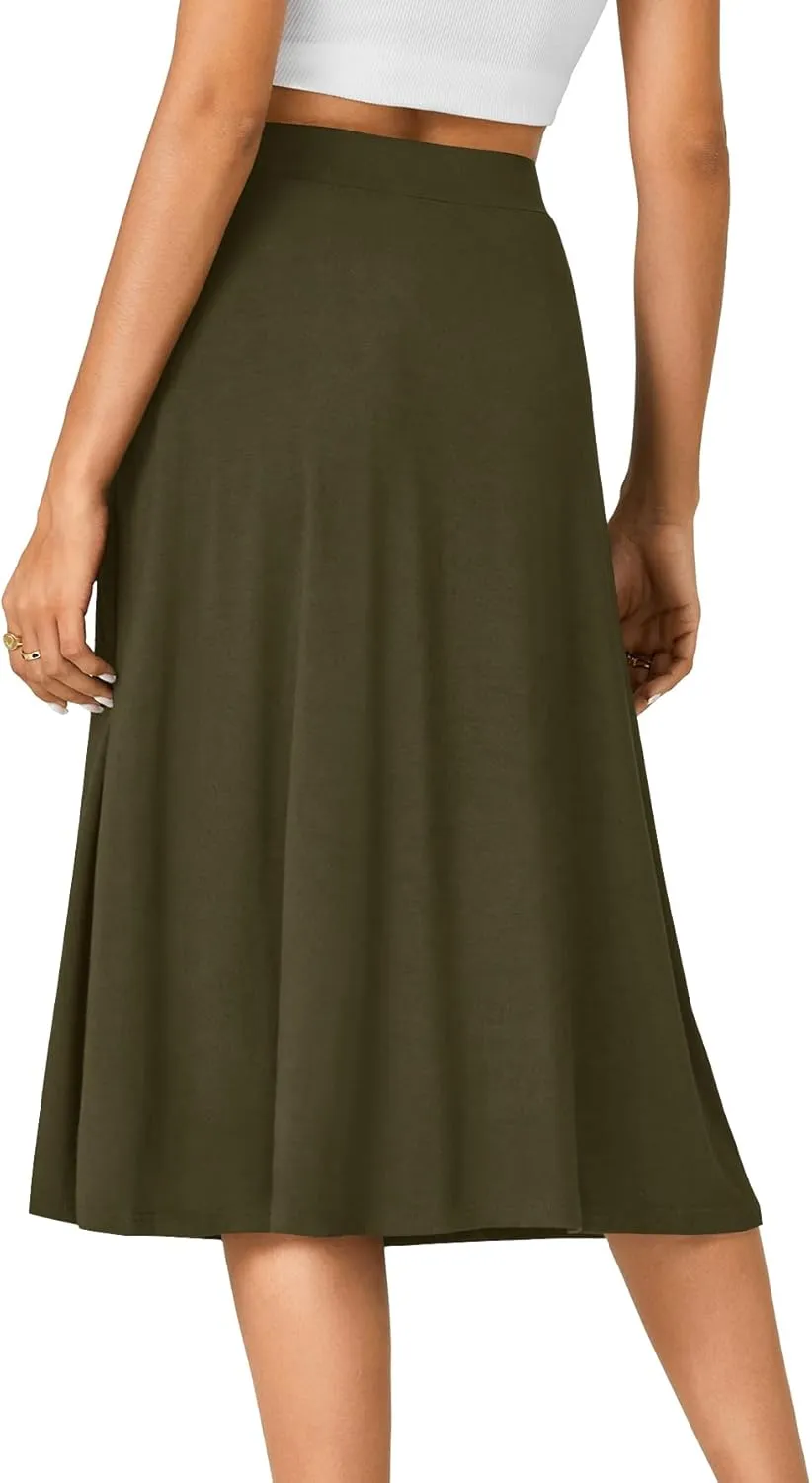 KIFOVEN Women??s Casual High Waist A Line Midi Skirt Flared Drawstring Stretchy Skirt