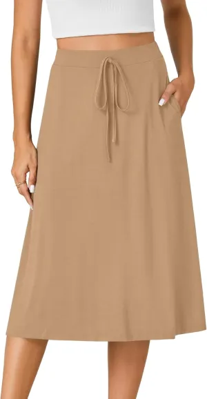 KIFOVEN Womens Casual High Waist A Line Midi Skirt Flared Drawstring Stretchy Skirt