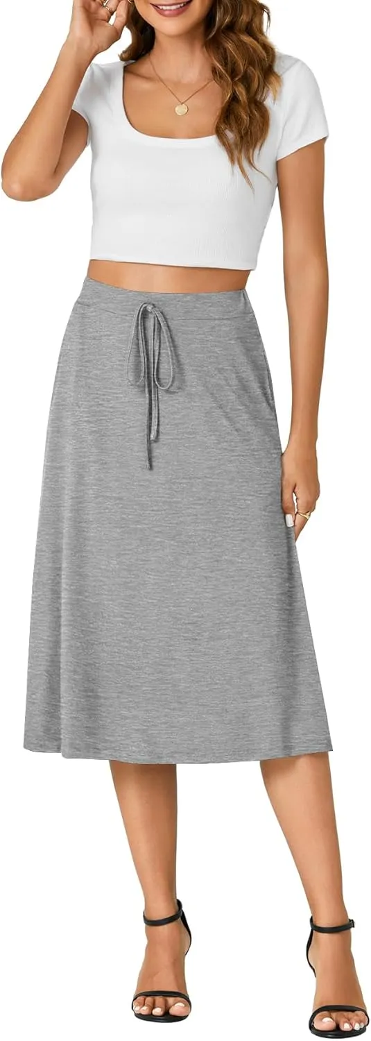 KIFOVEN Womens Casual High Waist A Line Midi Skirt Flared Drawstring Stretchy Skirt