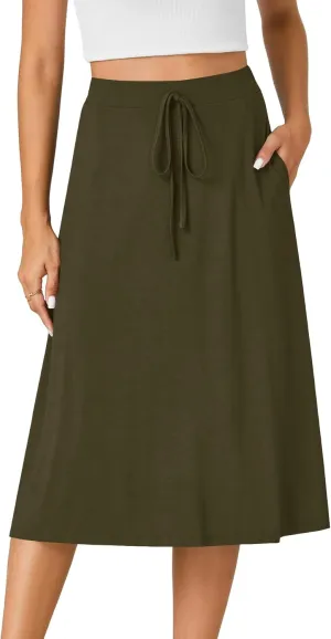 KIFOVEN Women??s Casual High Waist A Line Midi Skirt Flared Drawstring Stretchy Skirt
