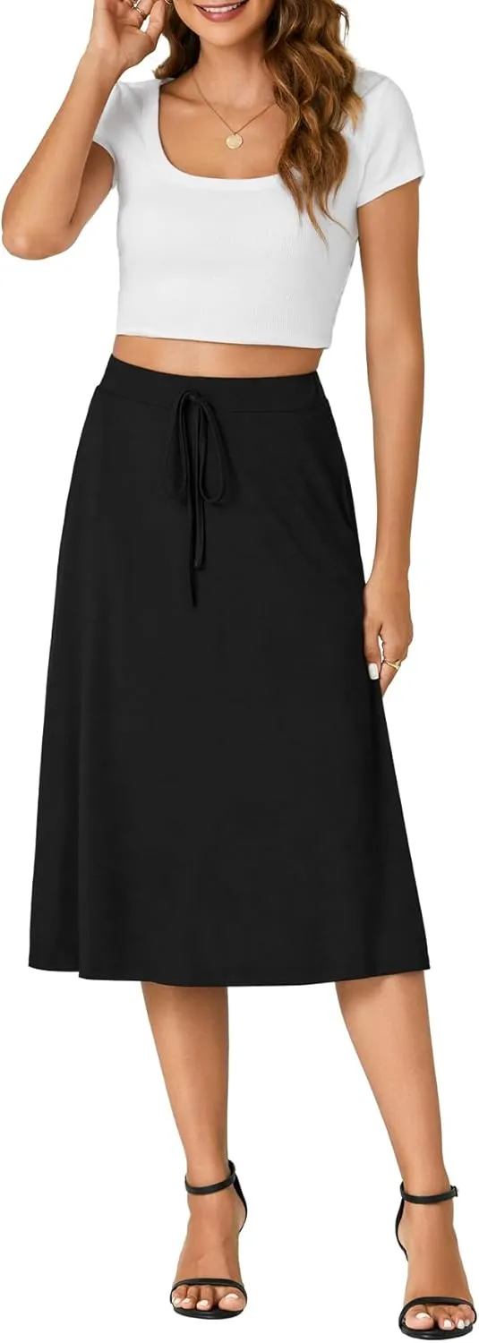KIFOVEN Womens Casual High Waist A Line Midi Skirt Flared Drawstring Stretchy Skirt