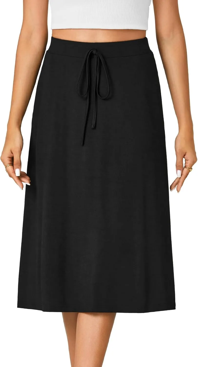 KIFOVEN Womens Casual High Waist A Line Midi Skirt Flared Drawstring Stretchy Skirt